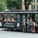 Costumed guides pose in front of a Ghosts & Gravestones themed tour bus as passengers smile and wave
